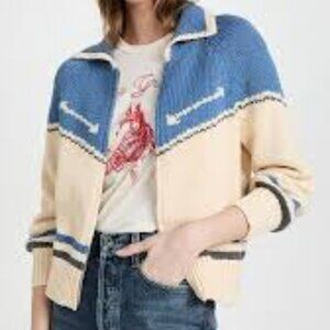 The Great. The Ranch Cardigan Sweater Full Zip Knit Cream Blue Size 3